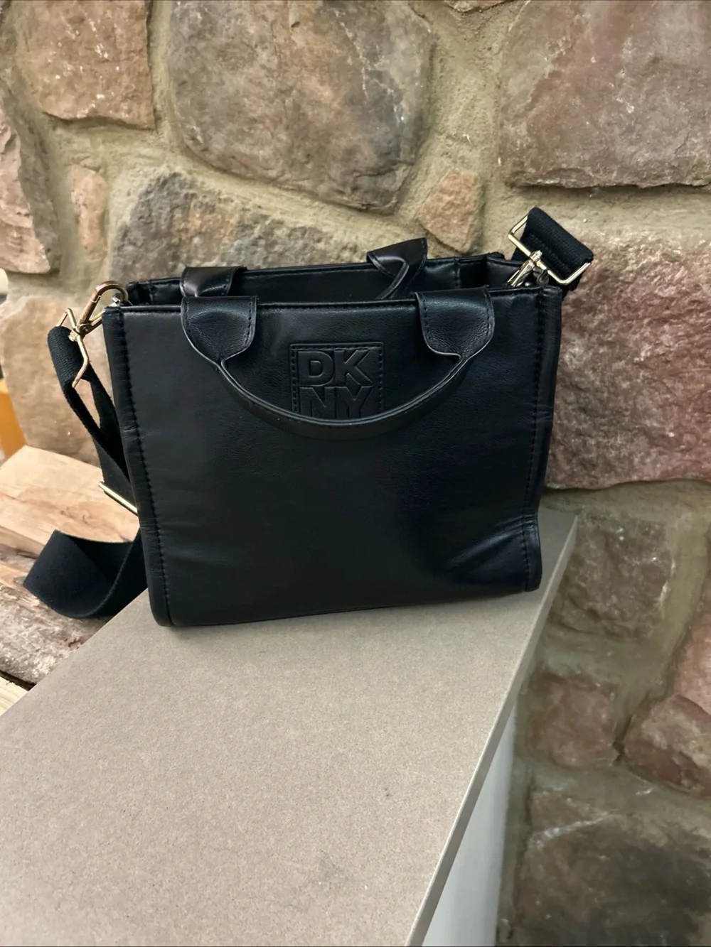 DKNY Black Leather Square Crossbody with Gold-Tone Accents NEW